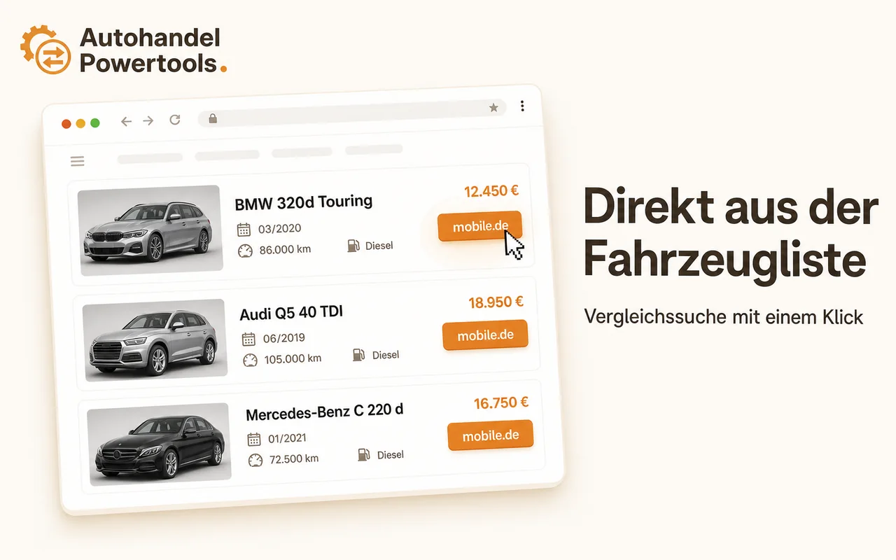 mobile.de-Schaltflächen in einer Fahrzeugliste für den direkten Vergleich mehrerer Auktionsfahrzeuge