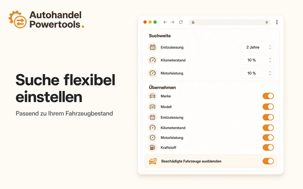 Einstellungen für Suchweite, Erstzulassung, Kilometerstand, Motorleistung und Fahrzeugfilter
